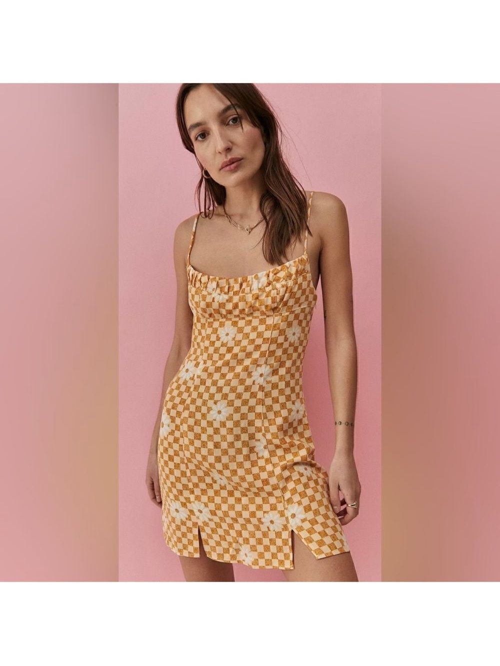 UO XS Lumi Daisy Gold Beige Check Print Spaghetti Strap Mini Bodycon Dress